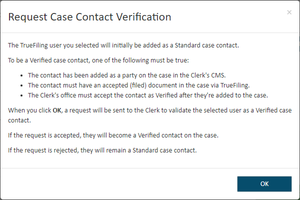 Request Case Contact Verification dialog