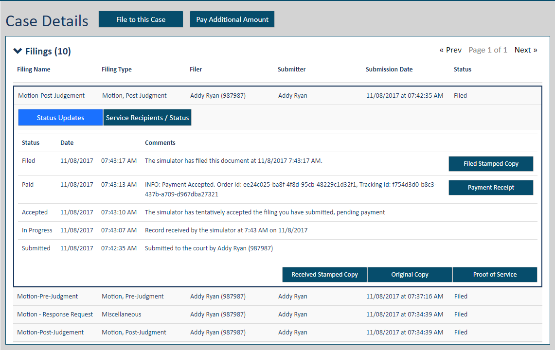 Case Details page - Filings section