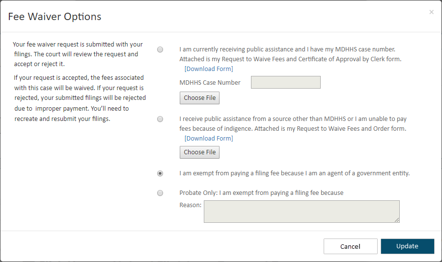 Fee Waiver Options - New waiver type selected