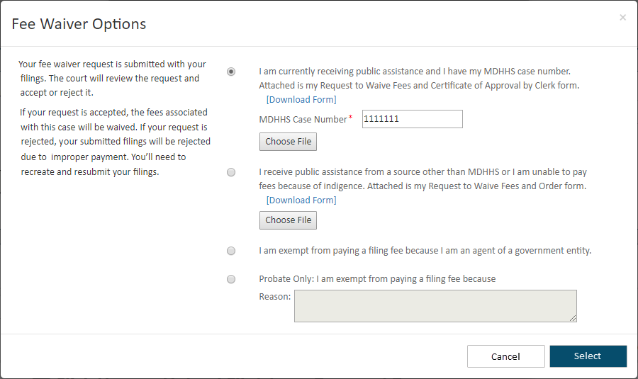 Fee Waiver Options dialog - waiver type selected