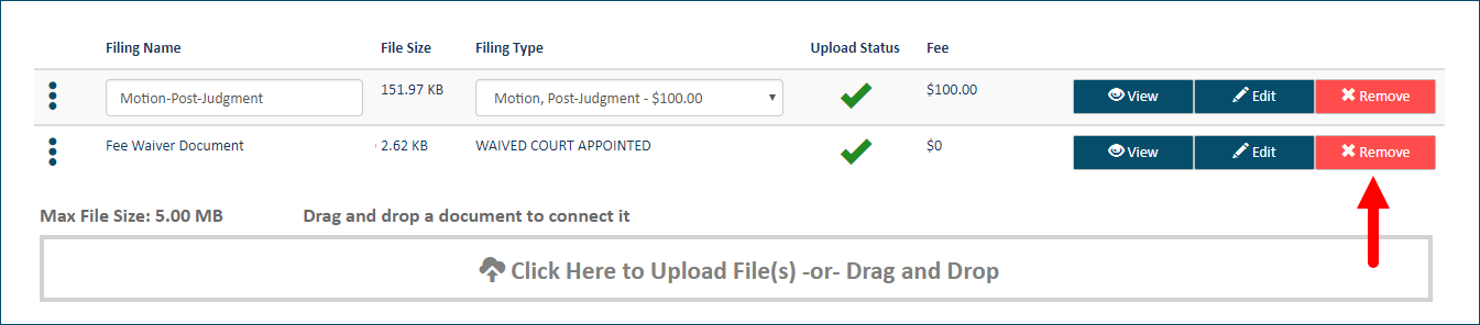 Upload pane - Fee waiver listed