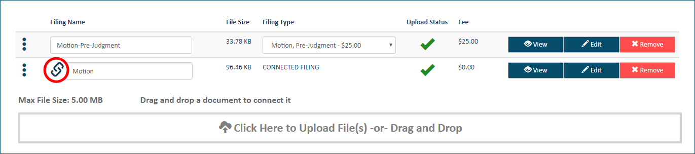 Upload pane - documents connected