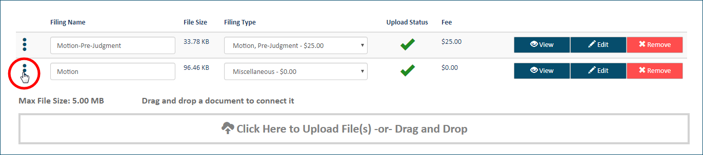 Upload pane - document handle selected