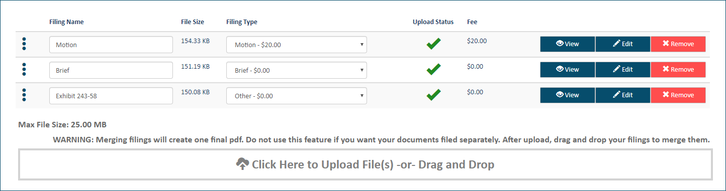 Upload pane - filing documents re-ordered