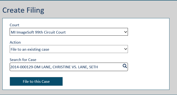 Create Filing page - File to the case