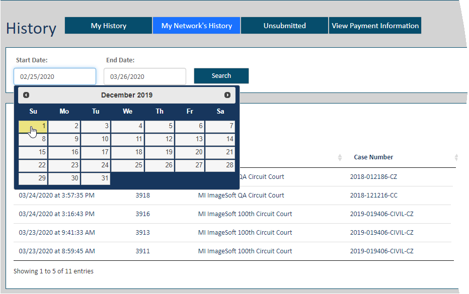 History page - date range start date