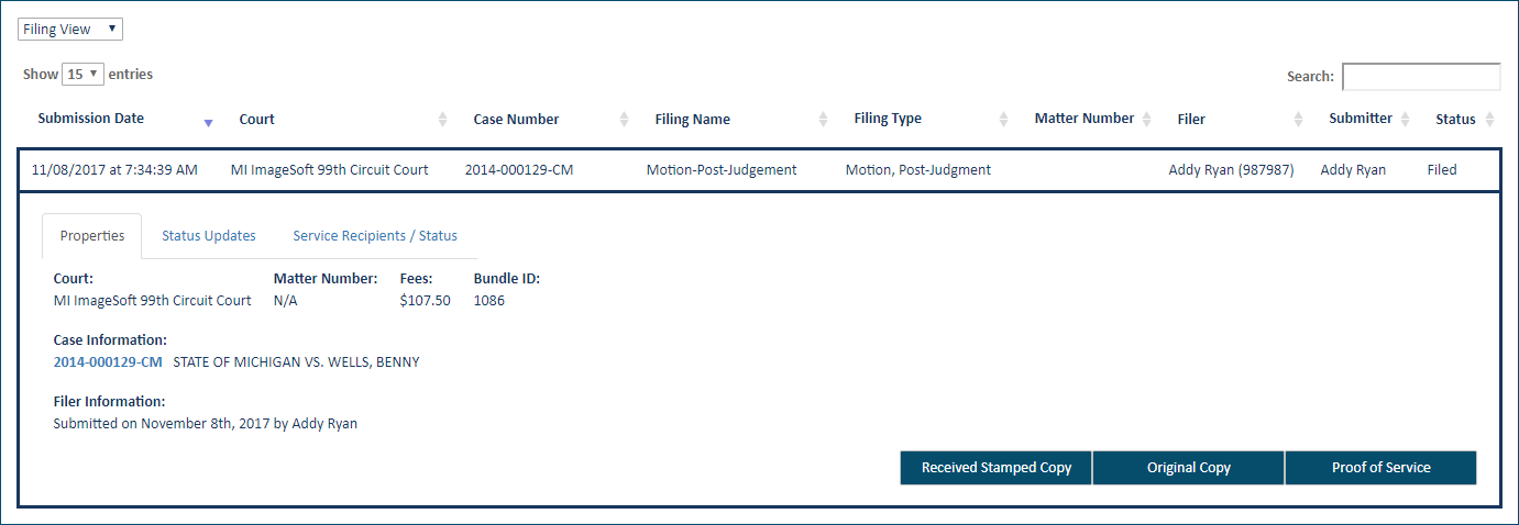 History page - filing selected