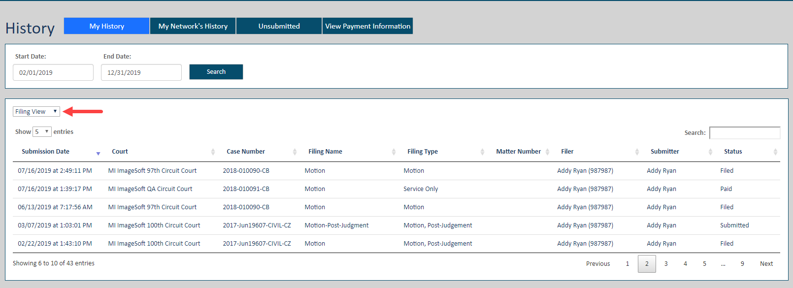 History page - Filing View