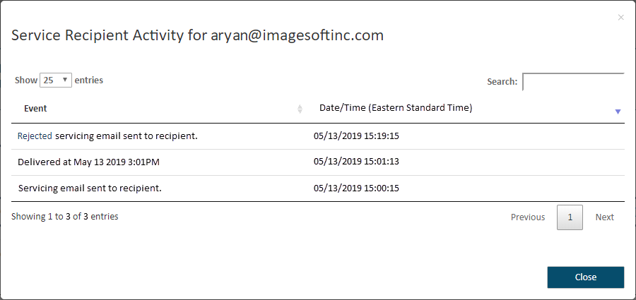 Servicing activity for a selected filing