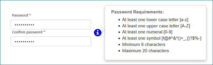 Password section of the Sign Up page