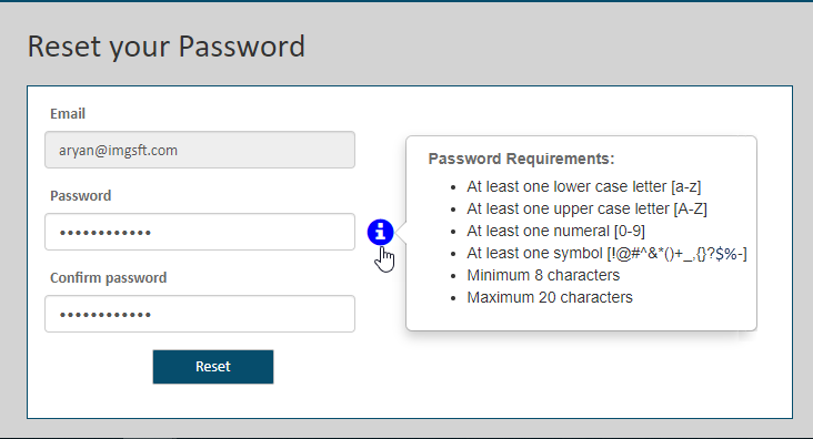 Reset your Password page