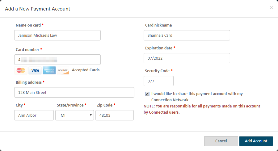 Add Payment Account dialog