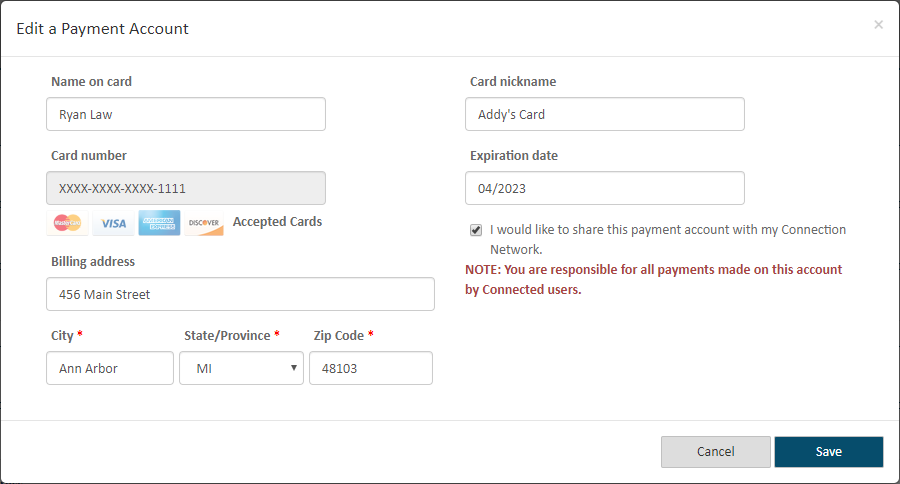 Edit Payment Account dialog