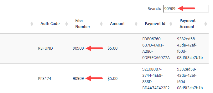 Payment transaction Search field