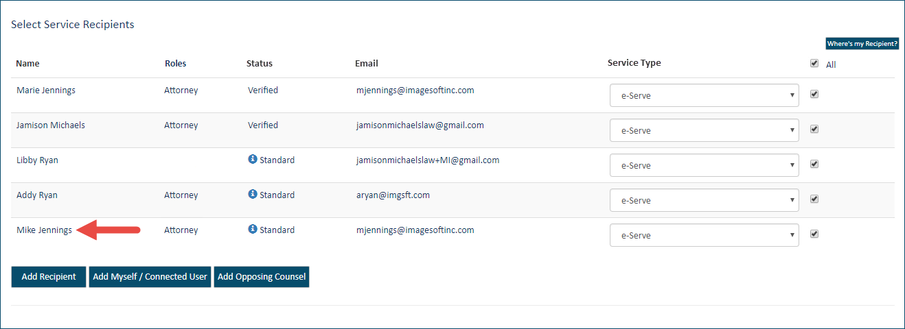Opposing counsel added as a service recipient
