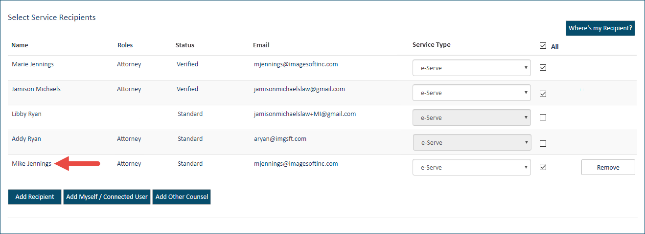 Other counsel added as a service recipient