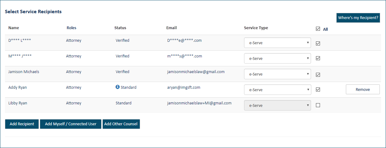 Service Recipients - Standard and Verified case contacts listed