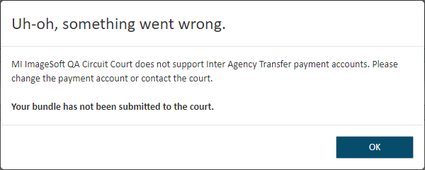 Inter Agency Transfer payment error dialog